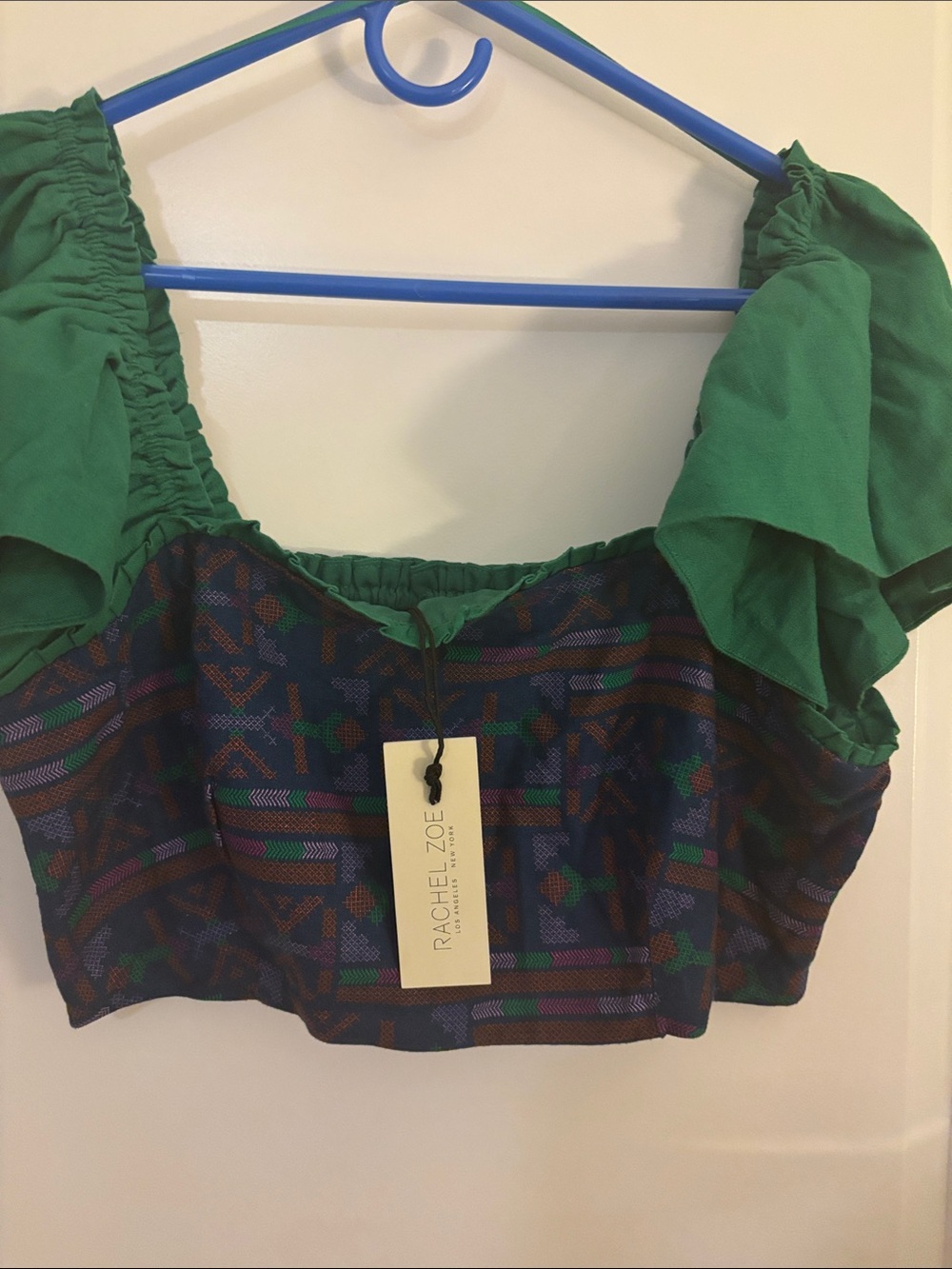Rachel Zoe Green and Navy Patterned Cropped Peasant Top